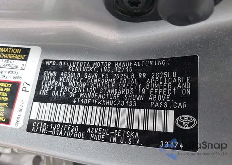 2017 Toyota Camry Se from USA, damaged, VIN 4T1BF1FKXHU373133
